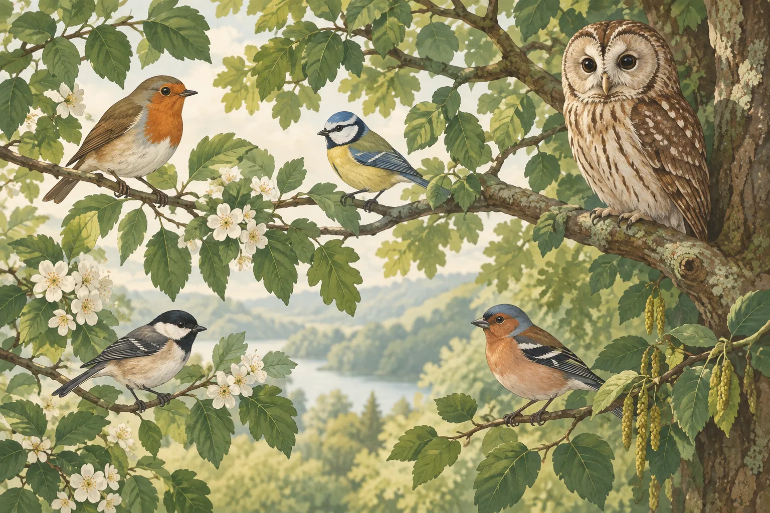 Decorative illustration of songbirds and a bird of prey among leafy branches