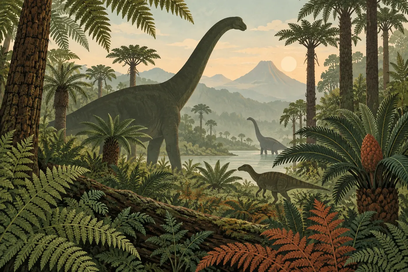 Decorative illustration of dinosaurs in a prehistoric landscape