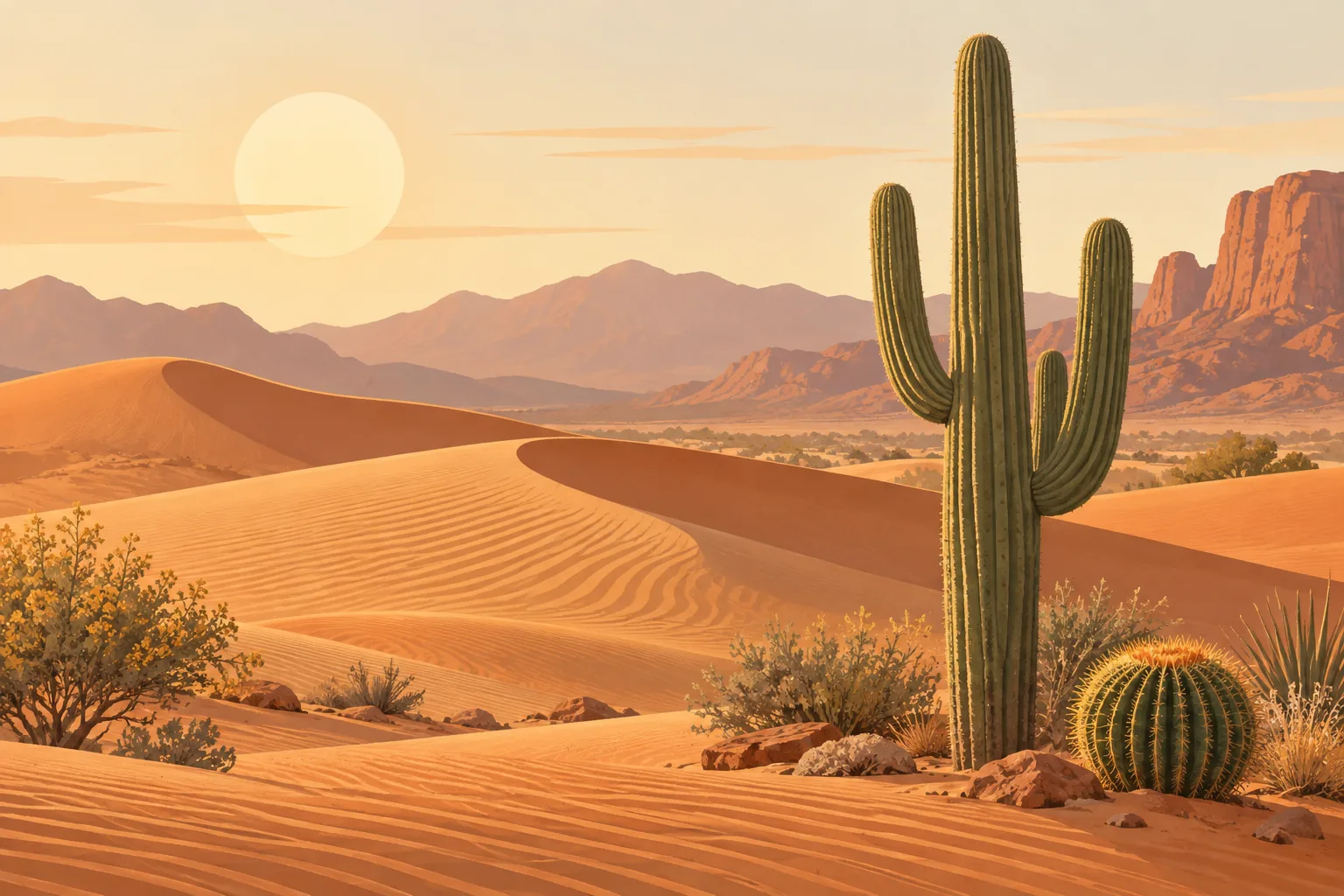 Decorative illustration of a sun-baked desert landscape with cacti