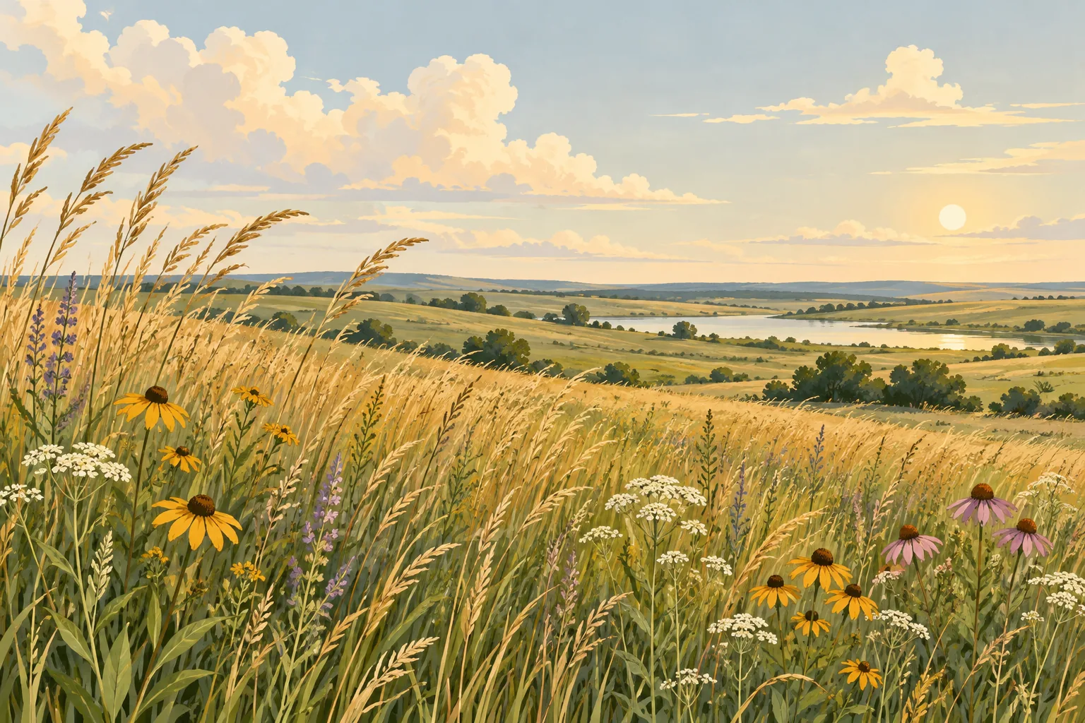 Decorative illustration of a grassland prairie under an open sky