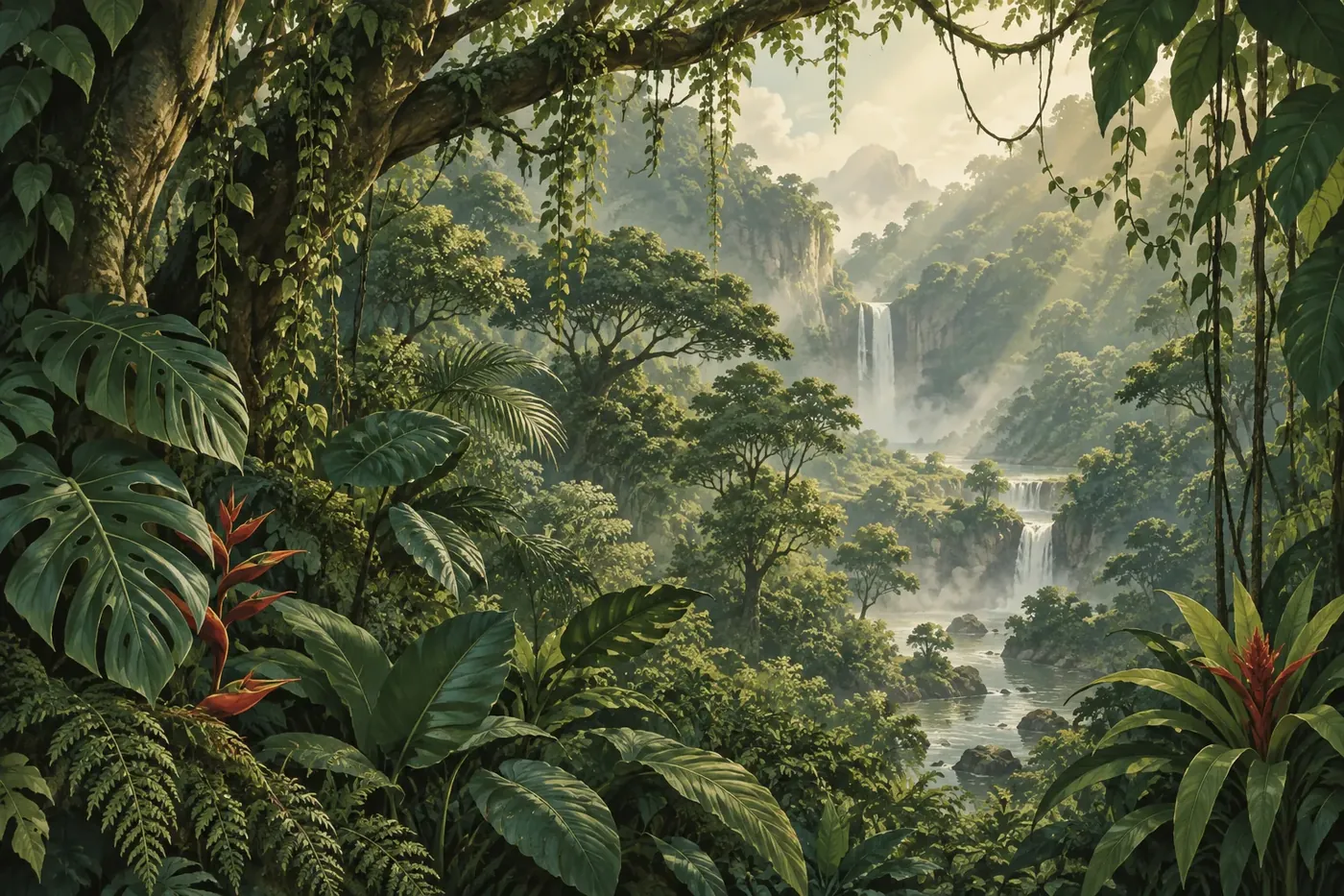 Decorative illustration of a lush rainforest canopy with tropical plants
