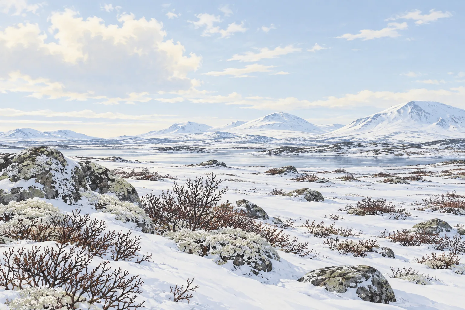 Decorative illustration of a snowy tundra landscape