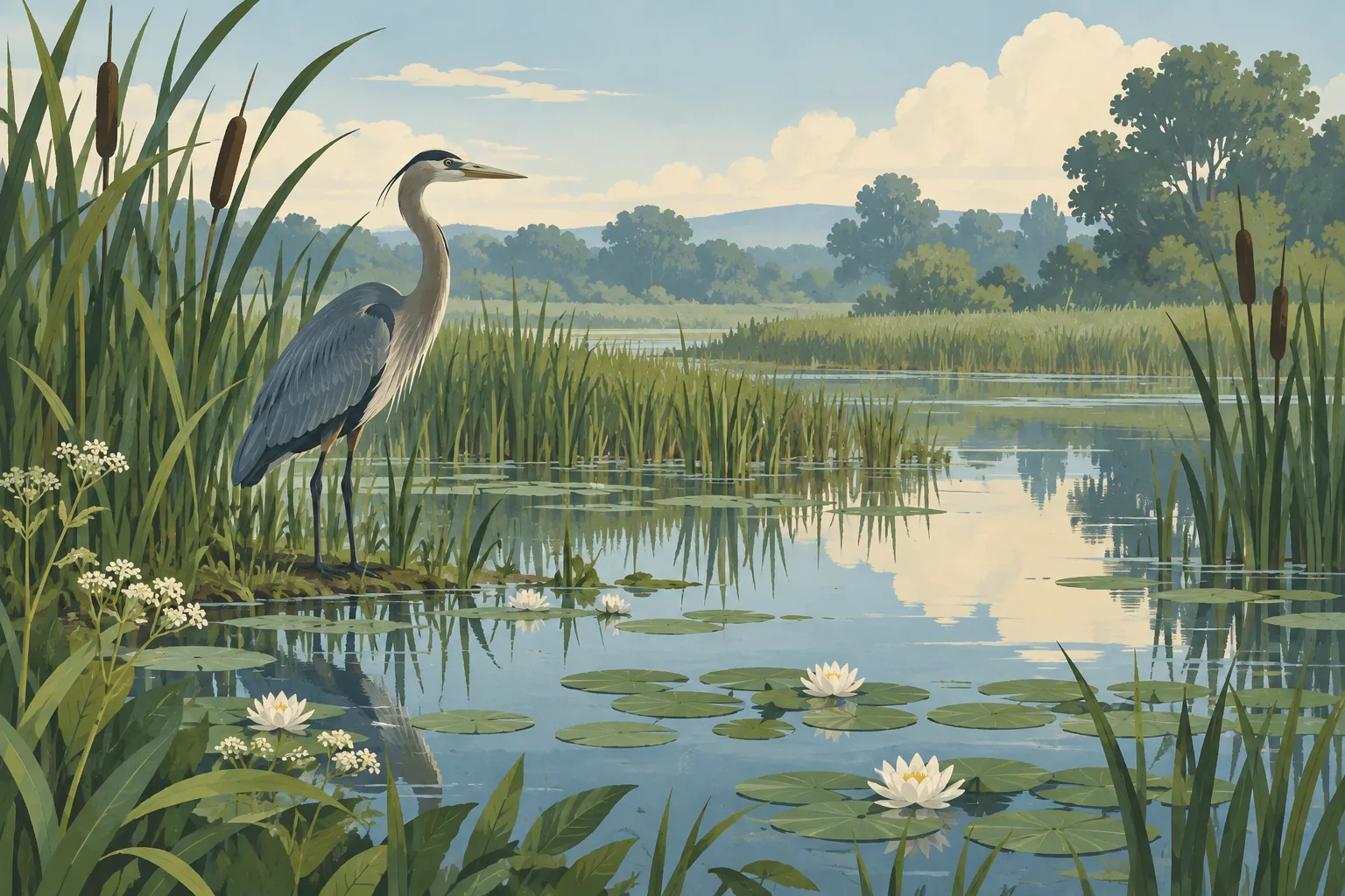 Decorative illustration of a marsh landscape with reeds and water