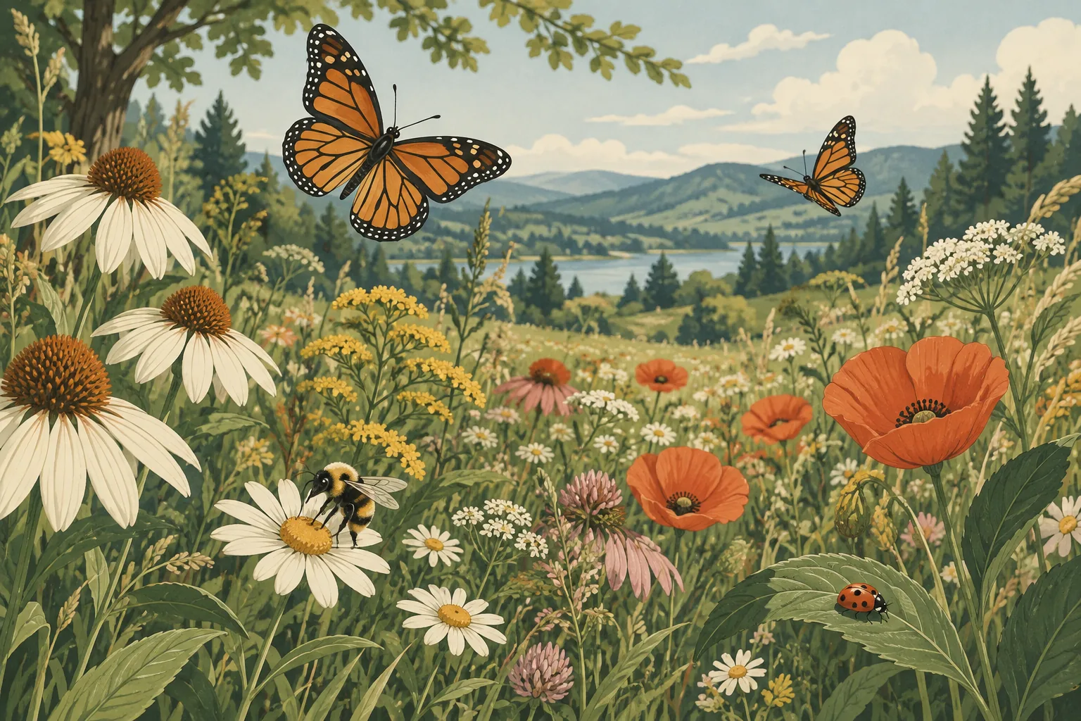 Decorative illustration of butterflies and beetles among flowers