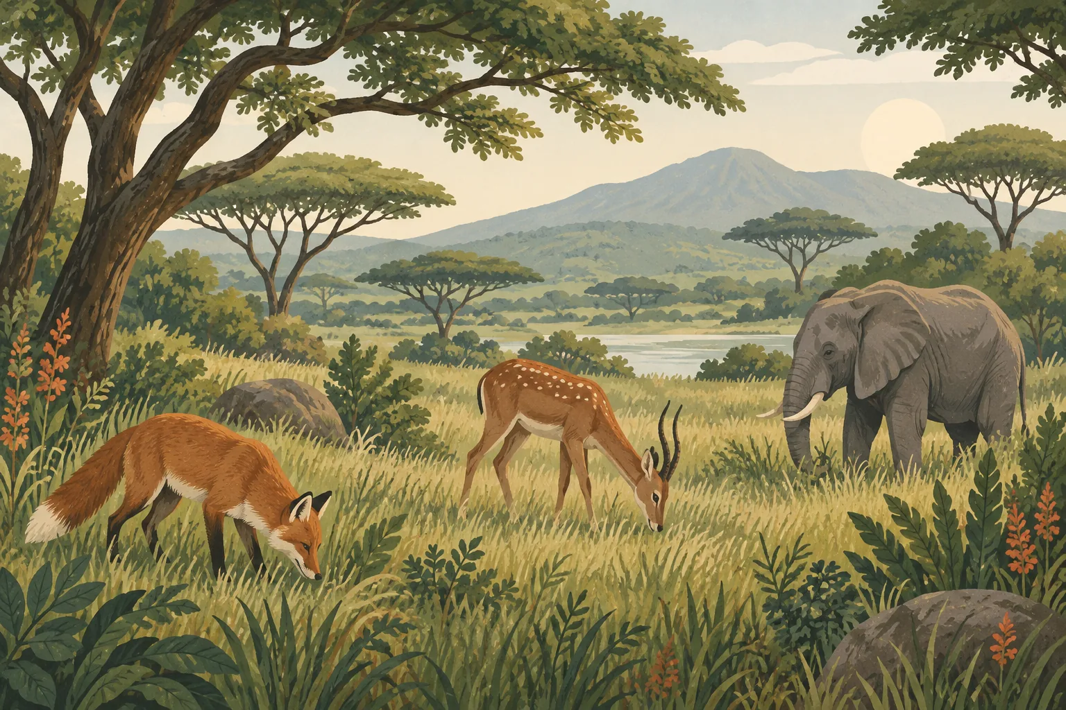 Decorative illustration of woodland mammals in a forest scene