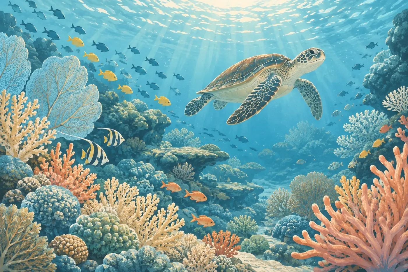 Decorative illustration of ocean fish and coral beneath the waves