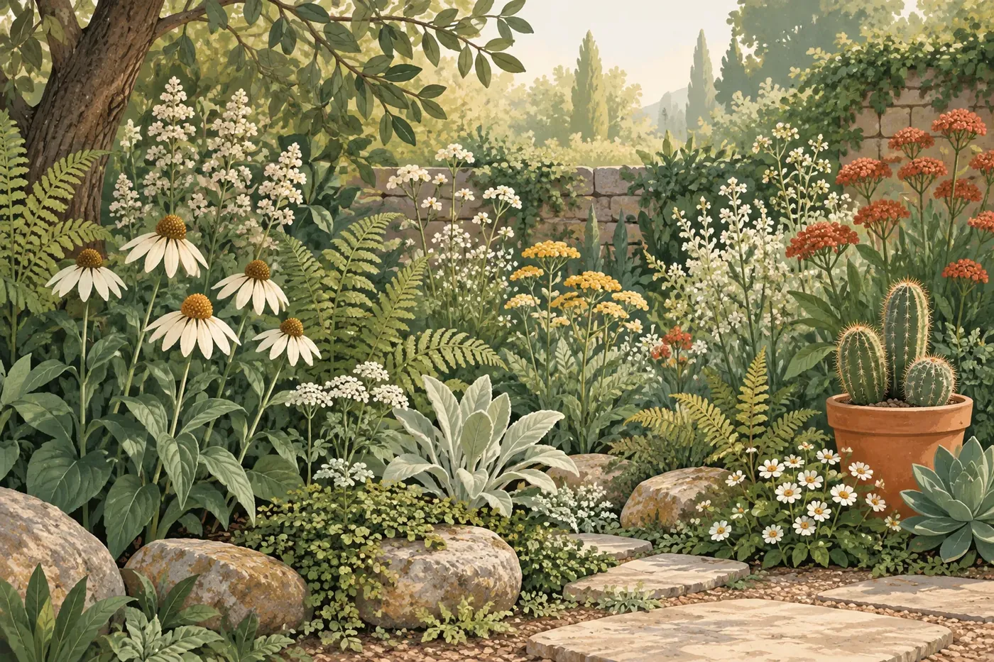 Decorative illustration of wildflowers and garden plants in bloom