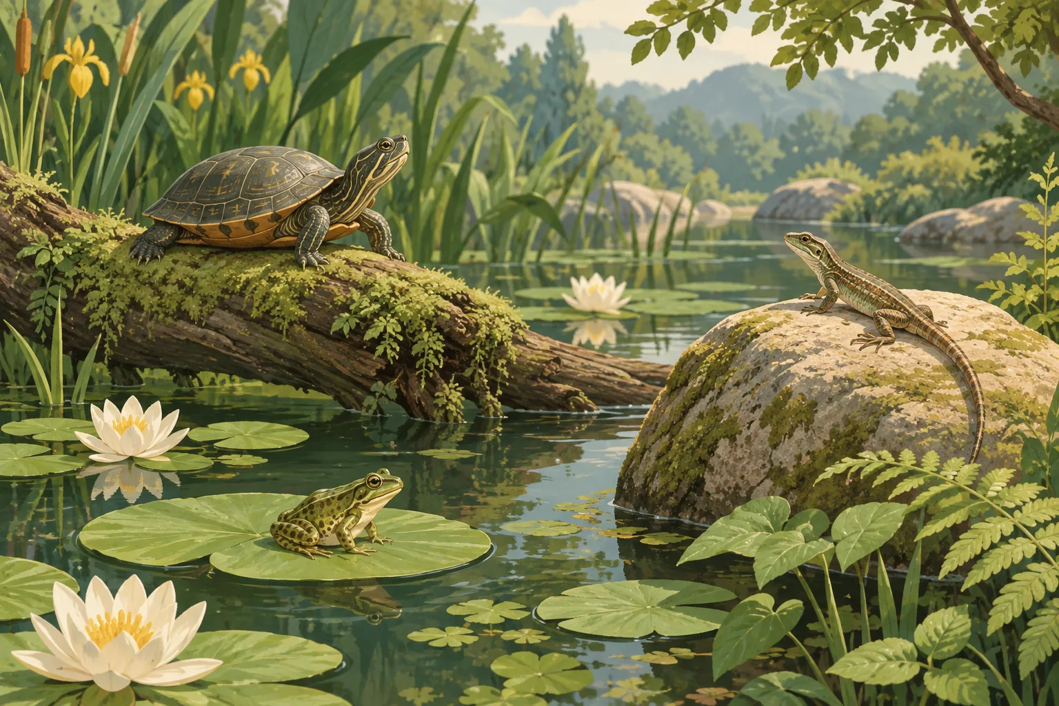 Decorative illustration of a frog and lizard among wetland plants